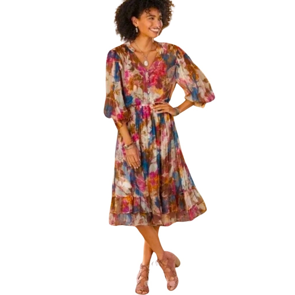 Sundance Size XL  Beautiful Floral Chiffon Ruffled Long Sleeve Midi Dress (0363)